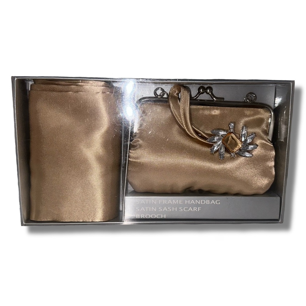 NWT 3pc Satin Handbag, Scarf, and Brooch Set